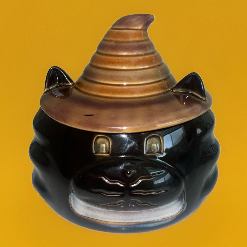 Tii Collections Vintage Ceramic Halloween Grinning Black Cat Witch Hat Jar 6”